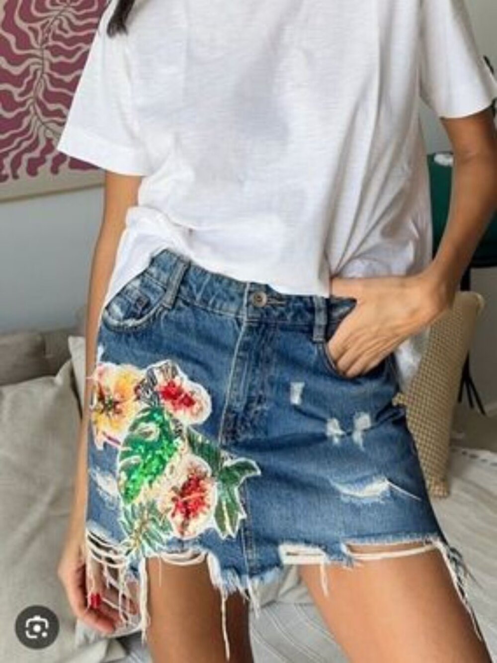Zara Blue Distressed Denim Mini Skirt with Floral Patch